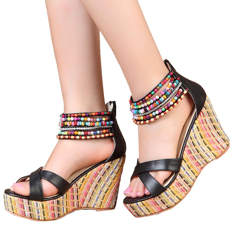 getmorebeauty Women's Black Weave Wedge With Pearls Across The Top Platform High Heels 10 US - Image 2